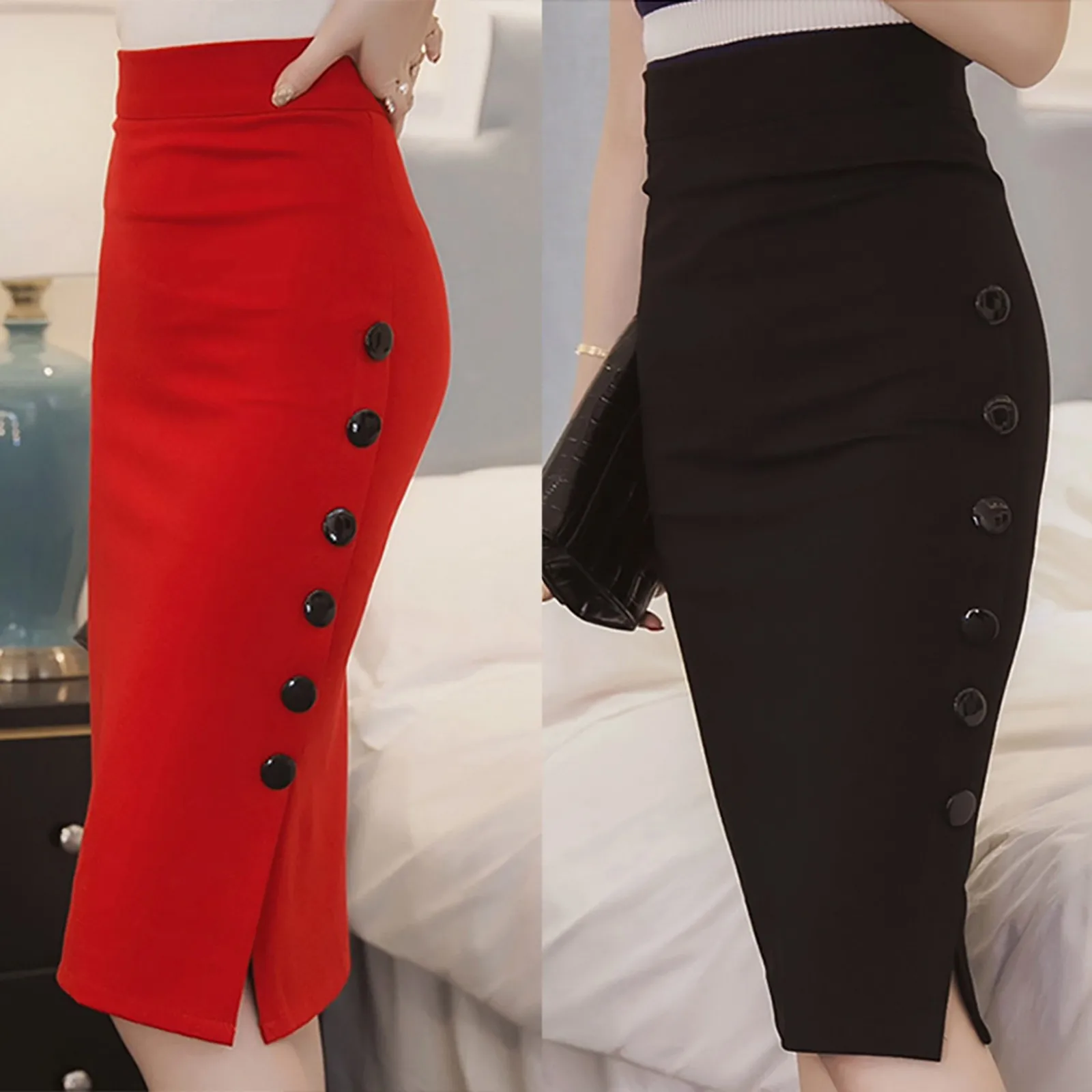 

Fashion Women's Pencil Skirt Casual Ladies High Waist Side Button Design Skirts Elegant Slim Split Office Skirt Multiple Size