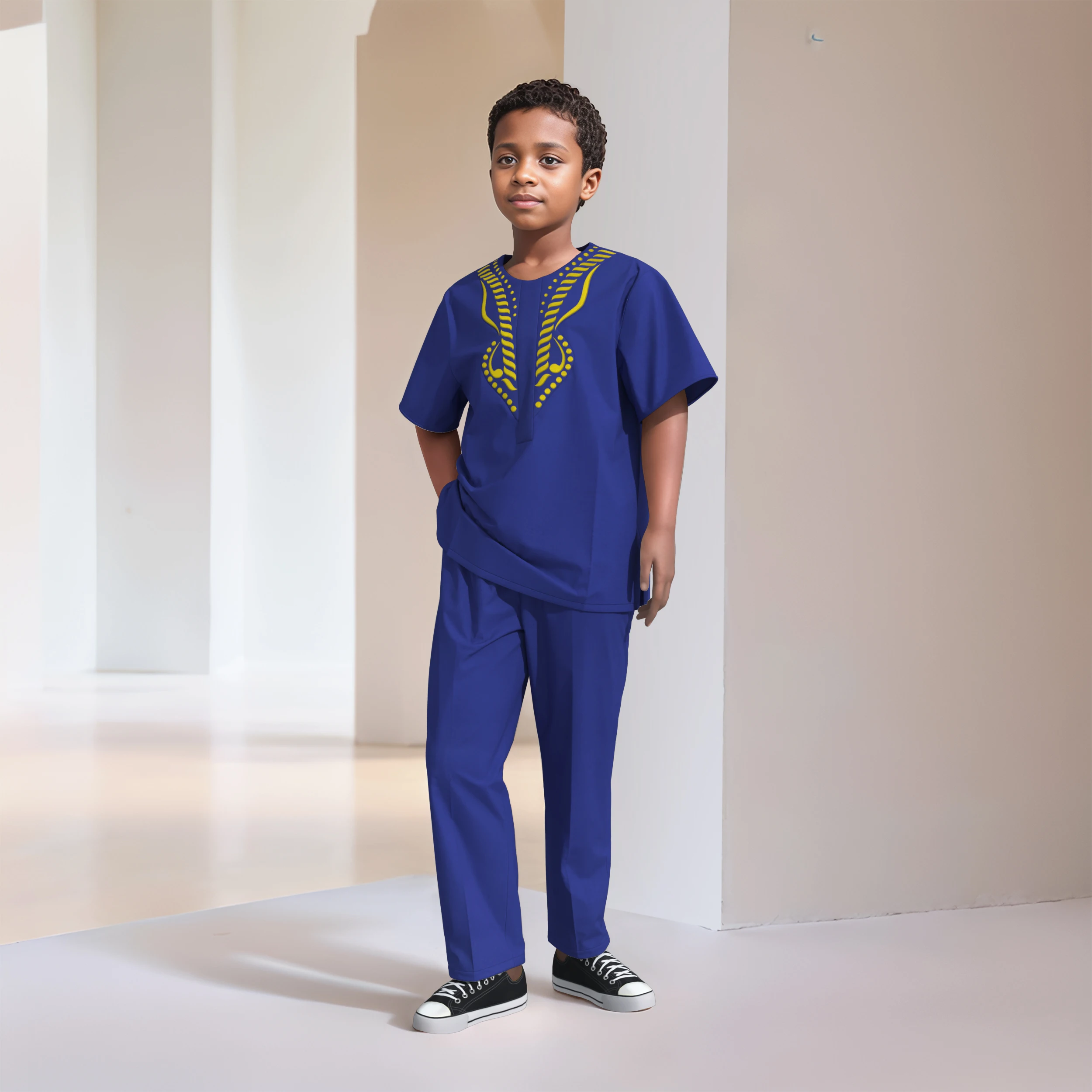 

Children's Matching Set for Boys Embroidered short Sleeve Top and Pants Comfortable Cotton 2 Piece Dashiki Boys Clothing WYT873