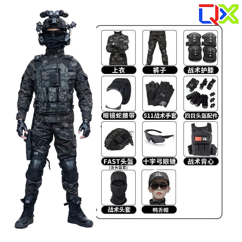 QX Kids Tactical Camo Suit Military Uniform Set Airsoft Training Outfit Outdoor Camping Costumes