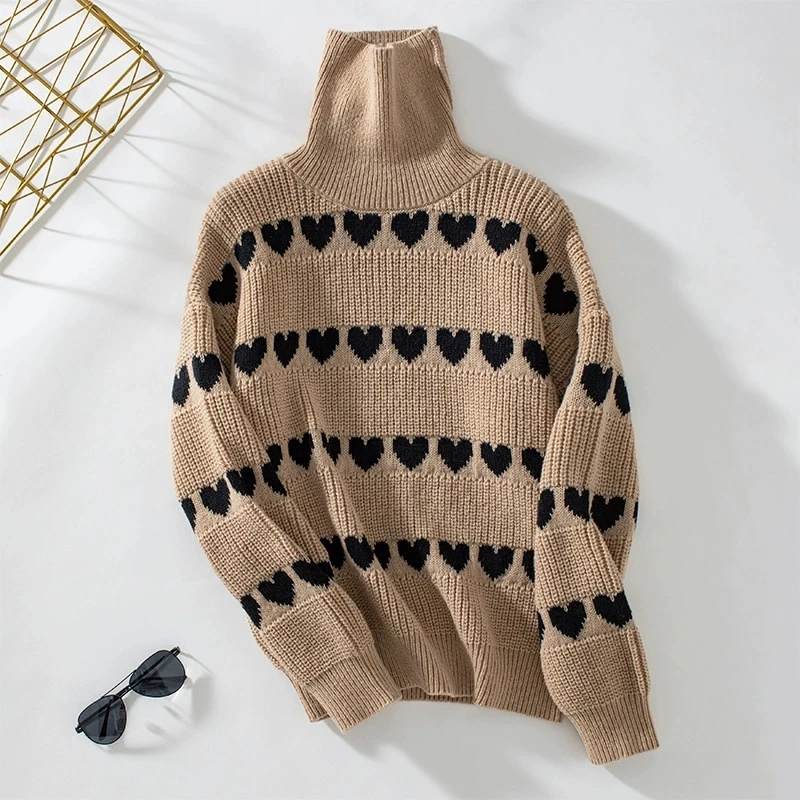 Flip collar heart-shaped pullover sweater for women's autumn and winter casual fashion long sleeved knitted sweater top
