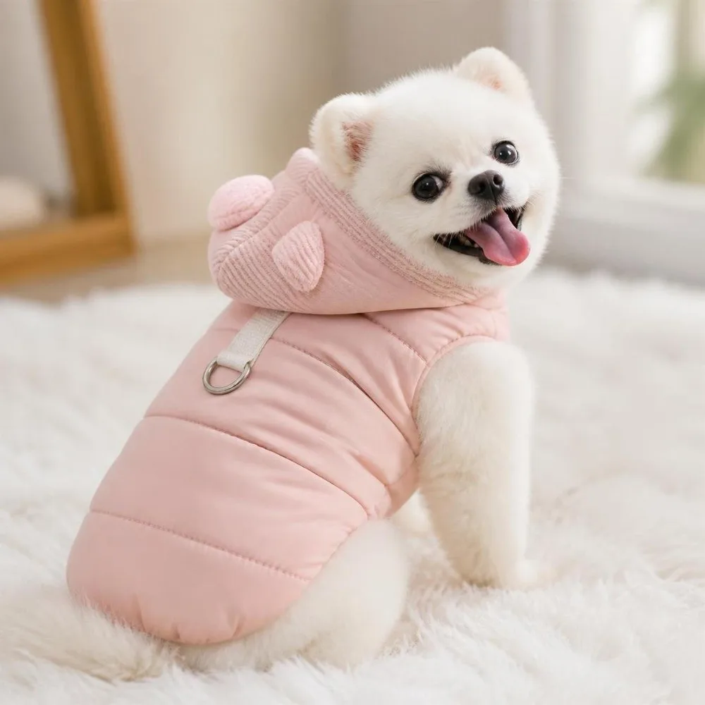 Modische Winter-Hundekleidung, winddichte, verdickte Hunde-Wanderjacke mit niedlichem Hut, Hundeweste für kleine und mittelgroße Hunde. – Detail 5
