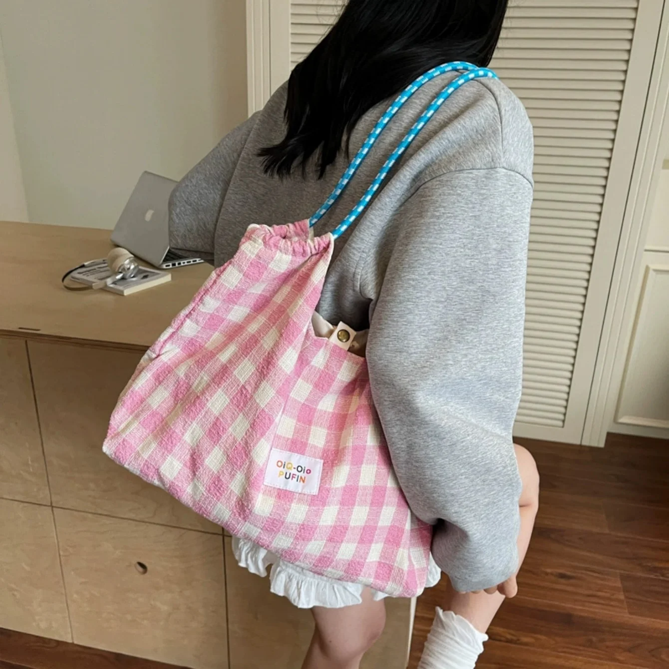 Versatile Women Canvas Handbag Korean Lazy Plaid Design Large Capacity Tote Bag Fashion Single Shoulder Bag for Commute Daily
