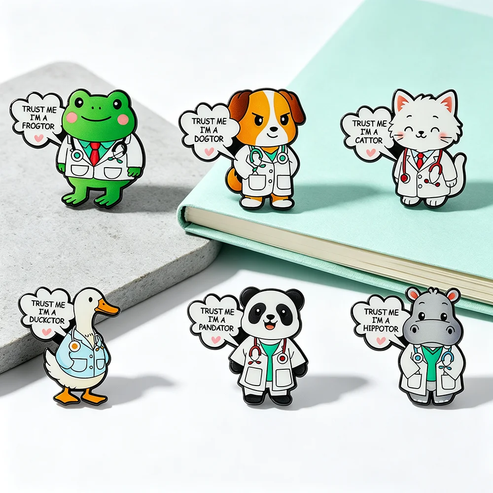 6Pcs Animal Doctor Pun Enamel Pins Set Cute Funny Cartoon Badges Lapel Brooches for Doctors - Cartoon Badges for Backpack
