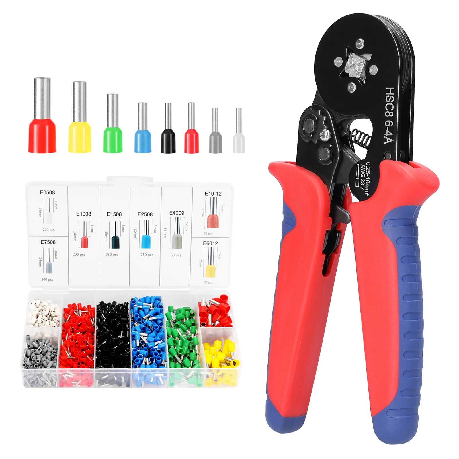 HSC8 6-4 0.25-10m㎡ AWG23-7 Ferrule Crimping Tool Kit High Hardness Crimper Plier with 1200pcs Wire Ferrules Crimp Ends Terminal