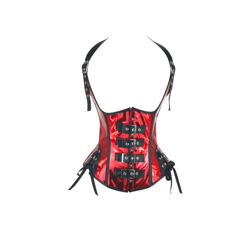 Gothic Steampunk PU Leather Underbust Corset for Women Halter Neck Bustier Top Victorian Burlesque Festival Costume