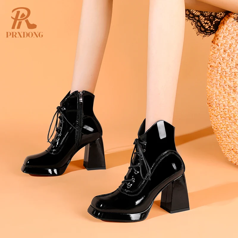 Women\'s Shoes 2022 New Autumn Winter Warm Ankle Boots Genuine Cow Leather Chunky High Heels Platform Black Working Short Boots 8