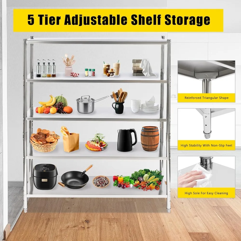 

5 Tier Stainless Steel Storage Shelf Adjustable Stainless Steel Shelves Storage Rack Heavy Duty Storage Shelving