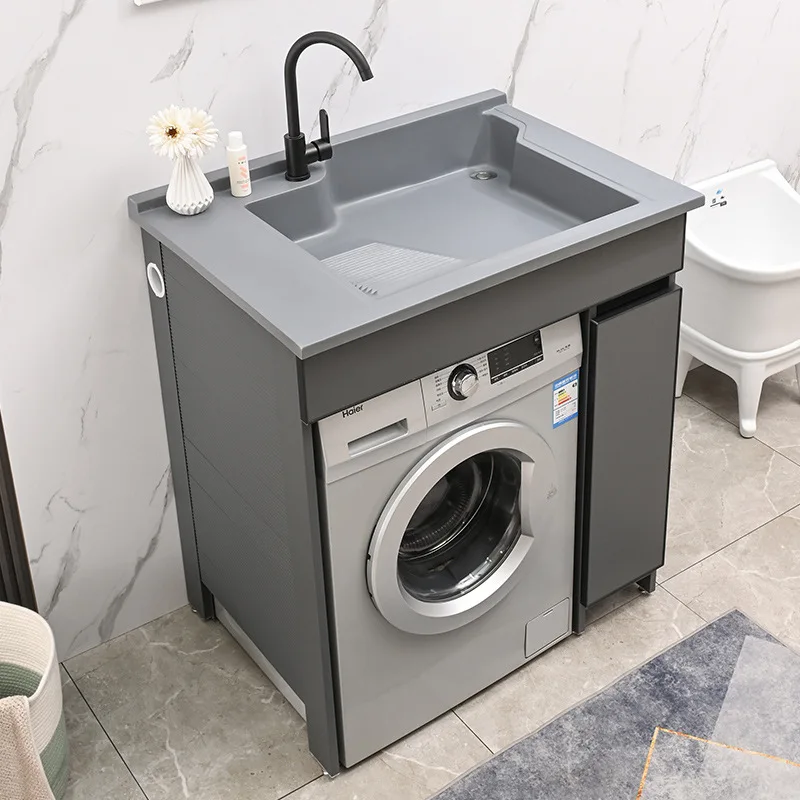 

Space Aluminum Balcony Washing Machine Integrated Cabinet Combined Laundry Cabinet Basin Sink with Rub Board Corner Cutting Coun