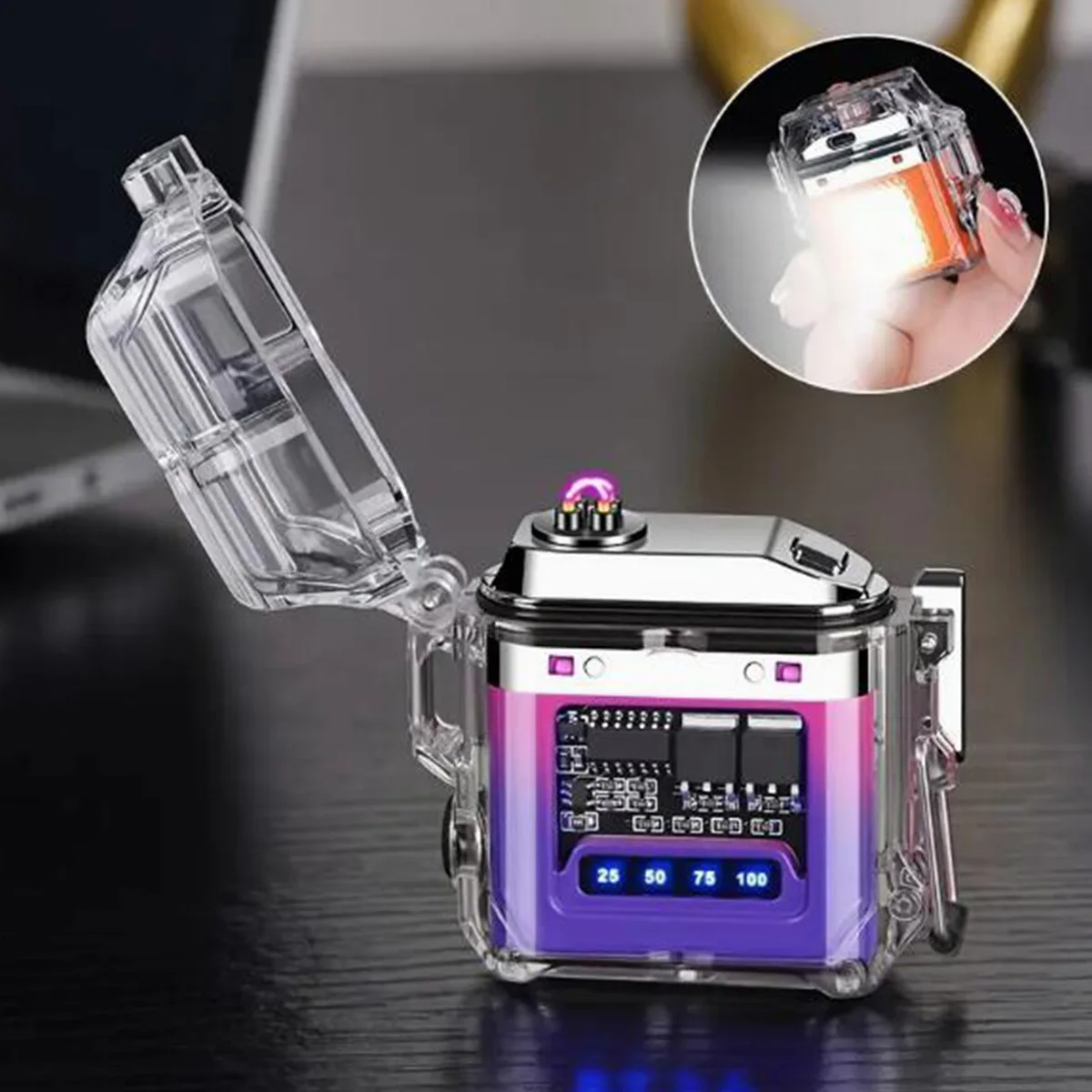 1PC Electronic lighter set, waterproof outdoor lighting lighter, battery charge display, mecha-style transparent shell with char