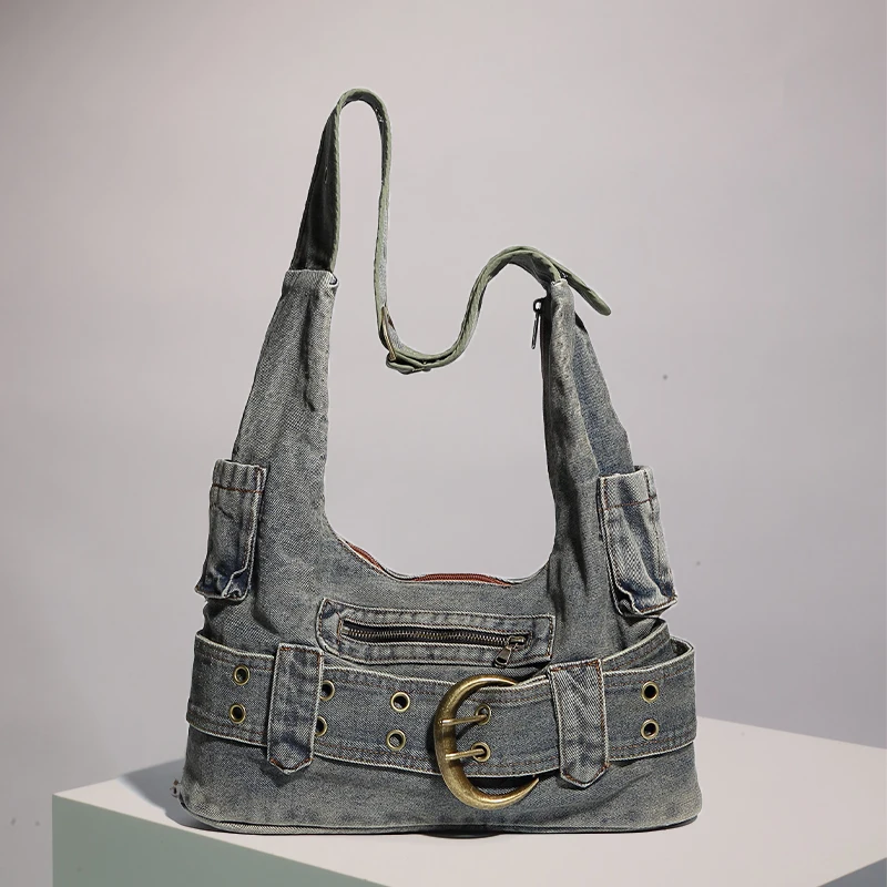 Moto & Biker Denim Stoffbeutel für Frauen Luxus Designer Handtaschen Geldbörsen 2024 neu in Vintage Wasch prozess Gürtels chnalle Schulter