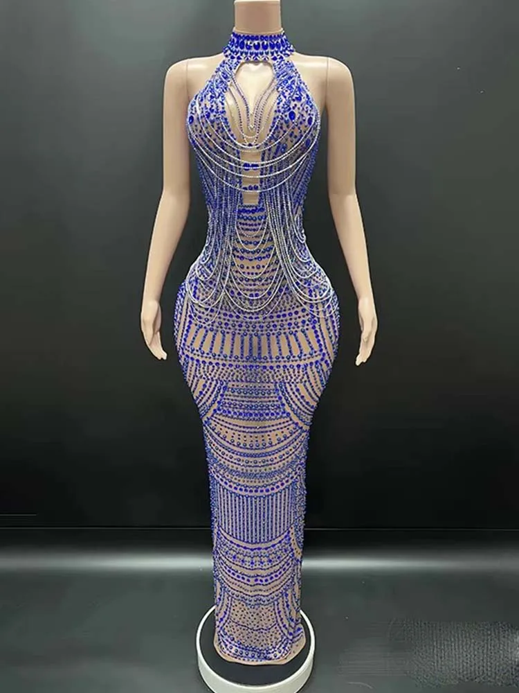 ชุดเดรสยางยืดแบบโปร่งลายลูกปัดคุณภาพสูง ดีไซน์เซ็กซี่แบบคล้องคอ ประดับพู่ห้อย แฟชั่นใหม่ปี 2025 เสื้อผ้าผู้หญิงสั่งตัดได้