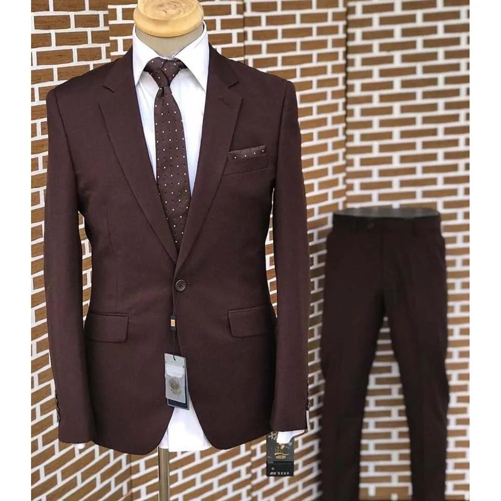 Slim Fit Men Suits One Button Notch Lapel Costume Homme Brown 2 Piece Jacket Pants Set Luxury Blazer Custom Business Full Set