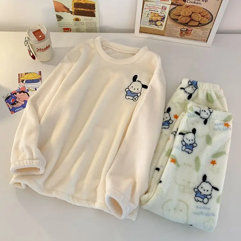 

Sanrio Pochacco Y2K Heat Pajama Kawaii Cartoon Winter Warm Sleepwear Long Sleeve Pant Nightwear Flannel Pyjamas Women Home Suit