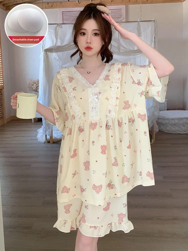 Pure Cotton Women's Sleepwear with Chest Pad Summer Sweet Floral Print plus Size Home Clothes Set Short Sleeve V-Neck Pullover