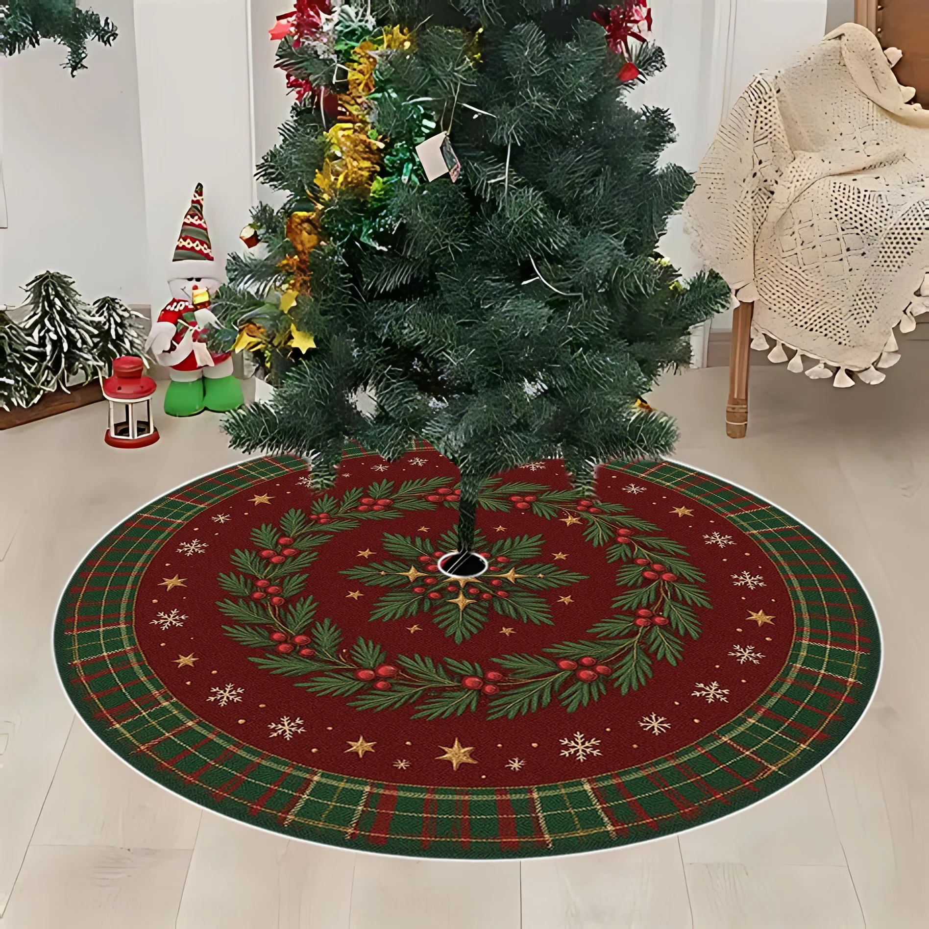 Home Decor Xmas Tree - VIKAMA ผ้าปูพื้นลายตารางสำหรับต้นคริสต์มาส, พรมกันลื่นทรงกลม, พรมลายพวงหรีดฮอลลี่เบอร์รี่และเกล็ดหิมะสำหรับตกแต่งบ้านในช่วงเทศกาลคริสต์มาส