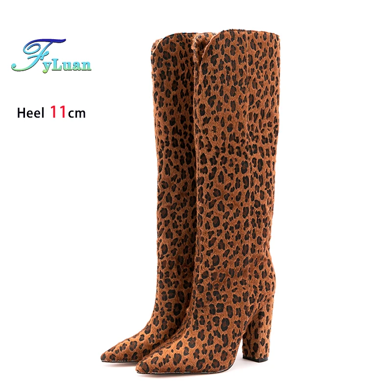 

Size 35-47 Woman Pointed 11CM Chunky Heel Winter Fashion Warm Boots Street Style Women Shoes Faux Fur Leopard Knee High Boots