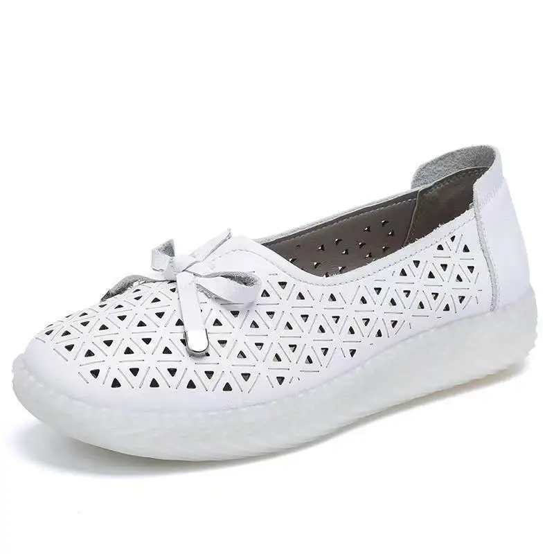 2026 New Women Genuine Leather Big Size Flat Sole Shoes Summer Soft Sole Round Toe Hollow Out Shallow slip On Casual Nude Shoes