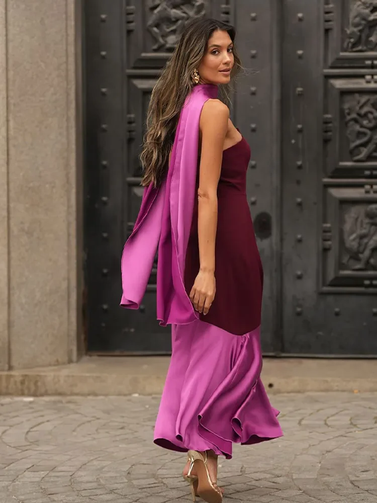 Fashion Satin Spliced Scarf Collar Skinny Long Dress Women Elegant Backless Sleeveless Strapless Vestido Chic Lady Evening Gowns