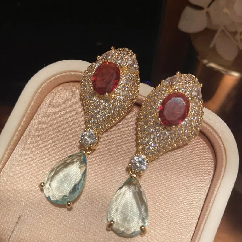 Statement Red Center Stone Drop Earrings with Clear CZ and Light Blue Teardrop snake earrings fashion jewelry