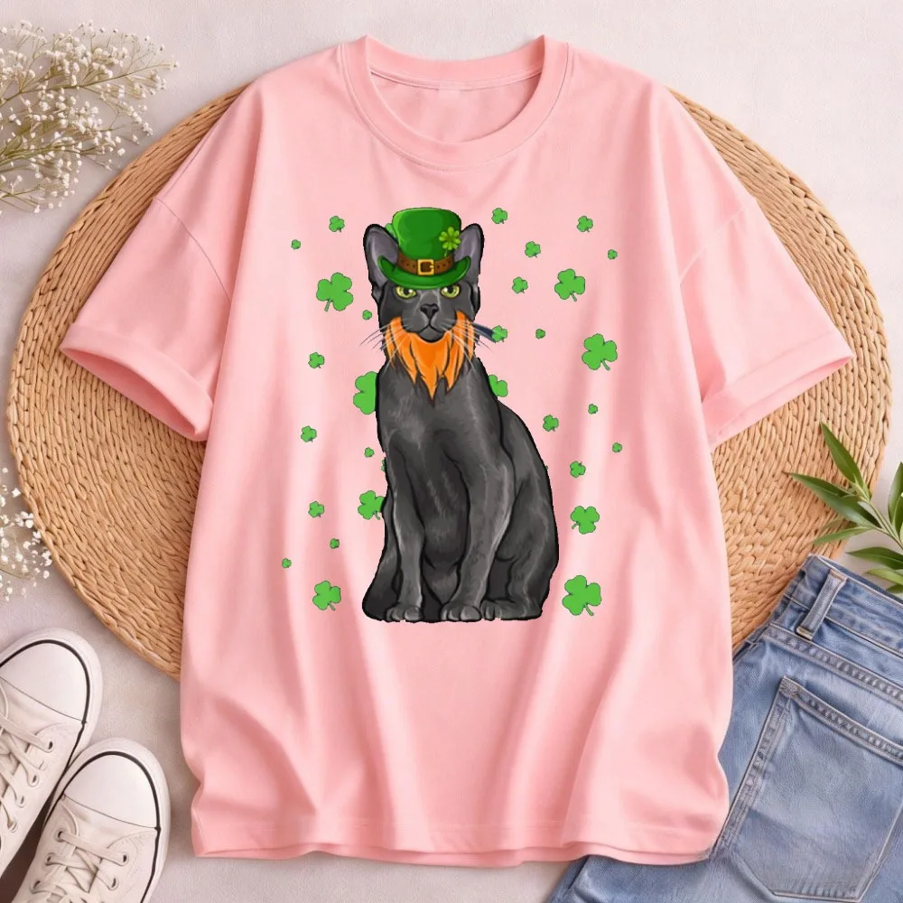 St. Patrick's Day Korat Cat Shamrock Print T-Shirt Casual Cotton Short Sleeve Tee for Men Women Irish Holiday Gift Party Outfit