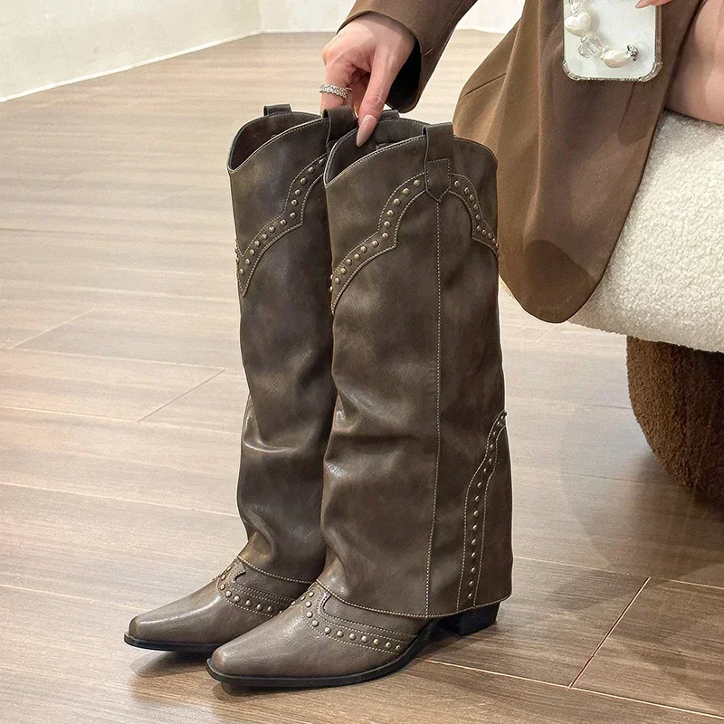 

Woman Cowgirl Boots Fashion Slip On Ladies Elegant Square Heel Long Pipe Boots Shoes Retro Women's Winter Footwear