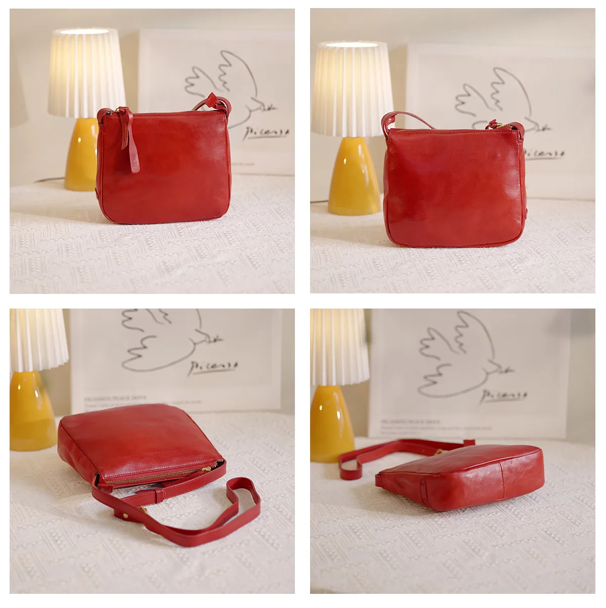 Handgefertigte Damen-Umhängetasche aus echtem Leder in Rot, für Outdoor-Partys, luxuriöse Schultertasche aus echtem Rindsleder – Detail 14