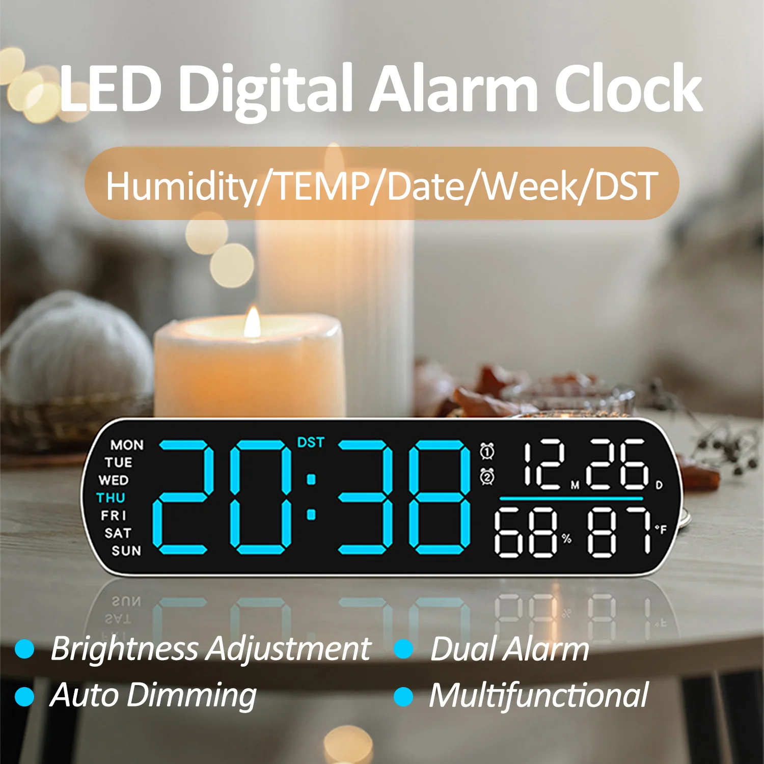 LED Digital Alarm Clock Desktop Clock with Humidity TEMP Date Week DST Display 3level Brightness Adjustment Home Countdown Clock