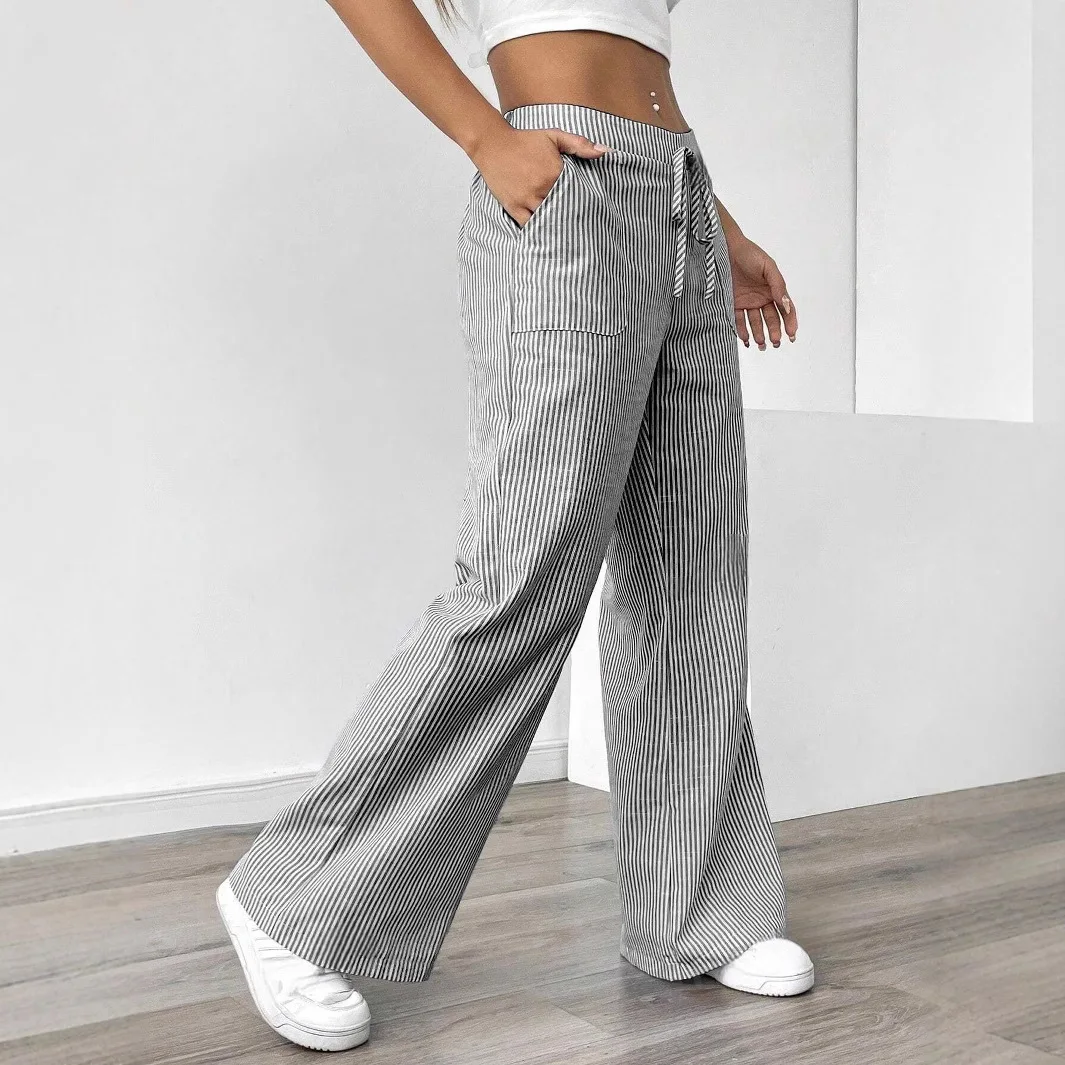 Women's Fashion Vertical Stripe Drawstring Waist Wide Leg Pants Loose Pocket Design Street Fashion Daily Office Casual Trousers