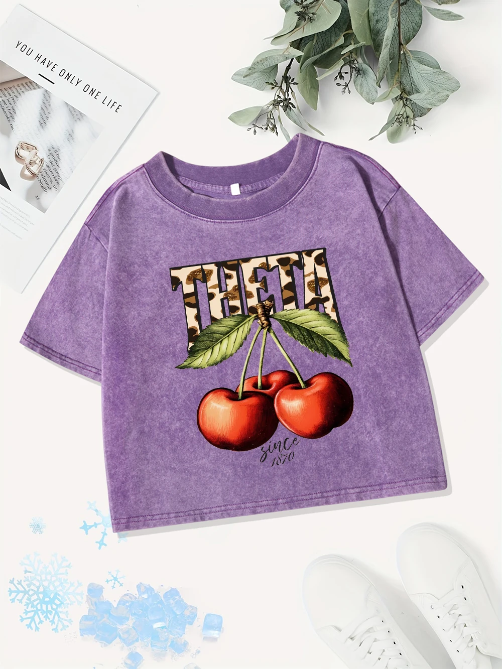 

Summer Cotton Crop Tops Womens Fresh Cherries Prints Washed T-Shirts Casual O-Neck Regular Fit Streetwear Street Womans Clothes