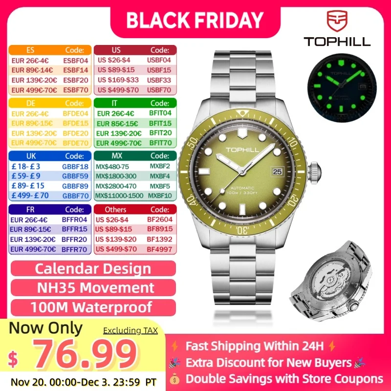 

TOPHILL Mechanical watch Men's Watches Business Watches NH35 Automatic Movement watch Dive watch men