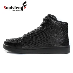 Soulsfen Men's Snakeskin Black Sneakers Lace Up Spring Autumn  High Top Skate Shoes Outdoor Casual Shoes Women