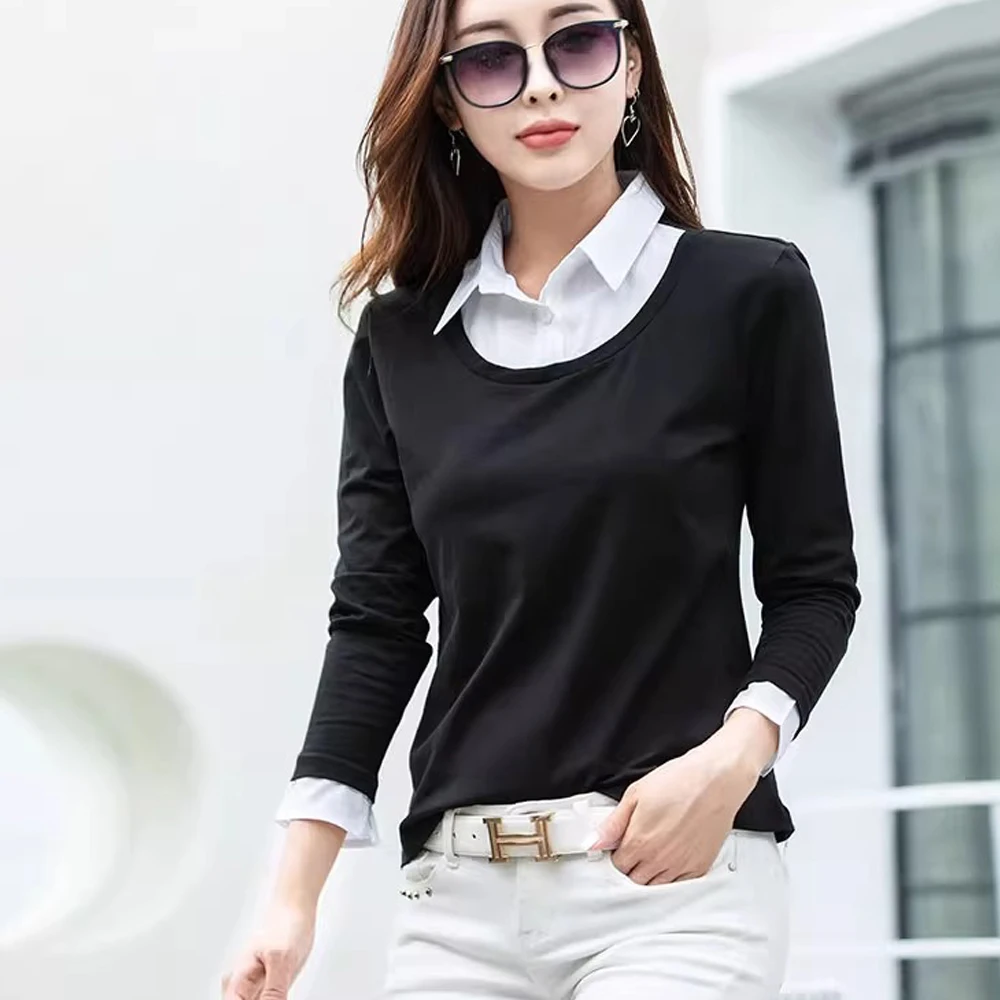 

Korean fake two piece long sleeved t-shirt for women's autumn outfit, new fashionable and casual loose fit plus size quality top