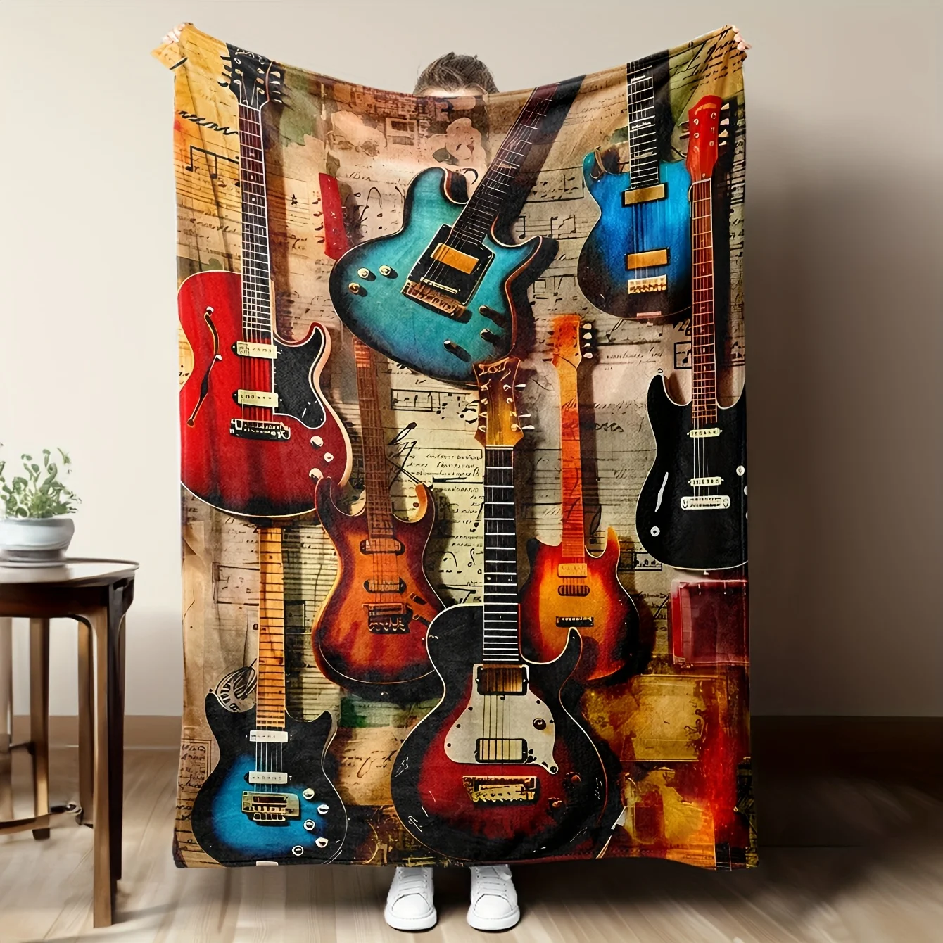 Retro Music Vintage Throw Blanket Distressed Electric Guitar Music Note Antique Paper Print Rock Home Couch Bed Blanket