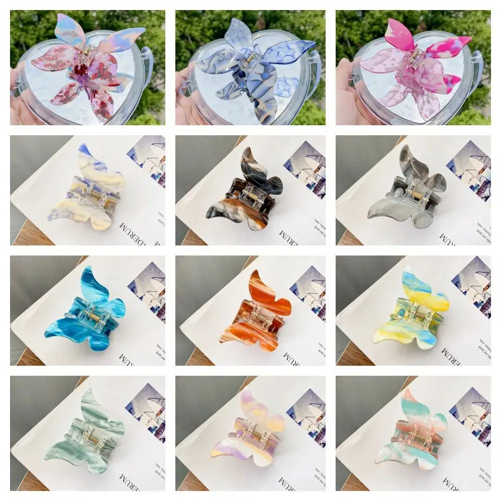 Luxury Korean Style Butterfly Hair Claw Colorful Acrylic Retro Hair Crab Clip Headdress Illusory Color Sweet Shark Clip Daily