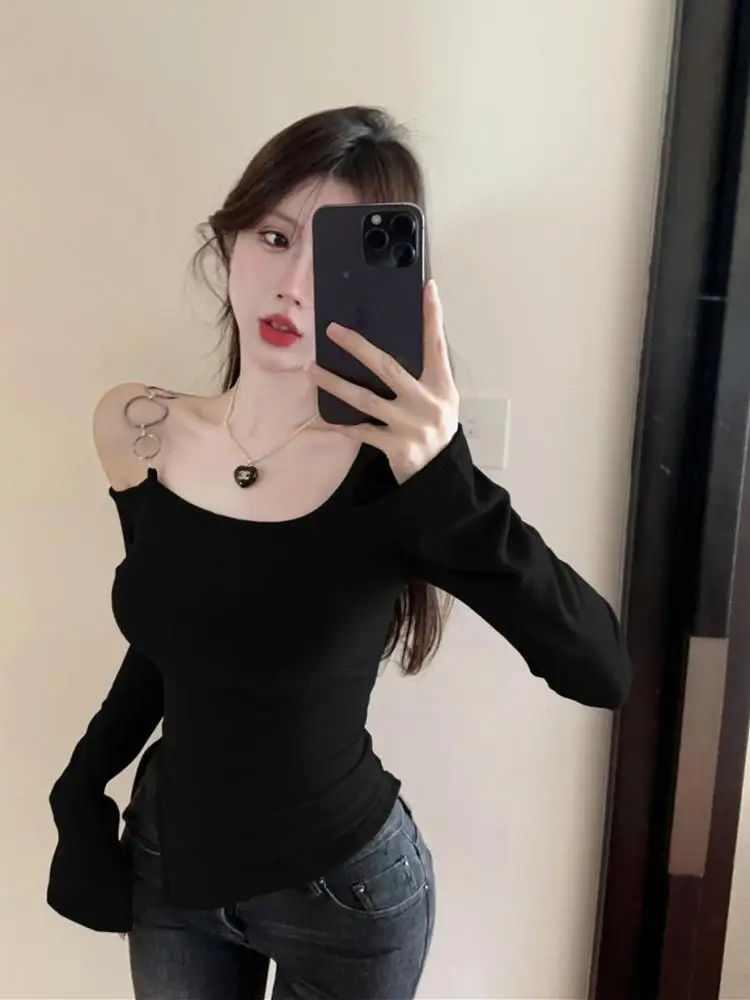 

Винтажные французские черные элегантные праздничные короткие топы с открытыми плечами, женские серые асимметричные вязаные топы с длинными рукавами, осень-зима