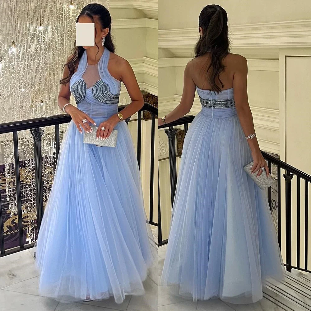 

Tulle Skirt Halter Sleeveless Prom Gown Backless A-line Mesh Dress Illusion Evening Party Dresses فساتين مناسبة رسمية