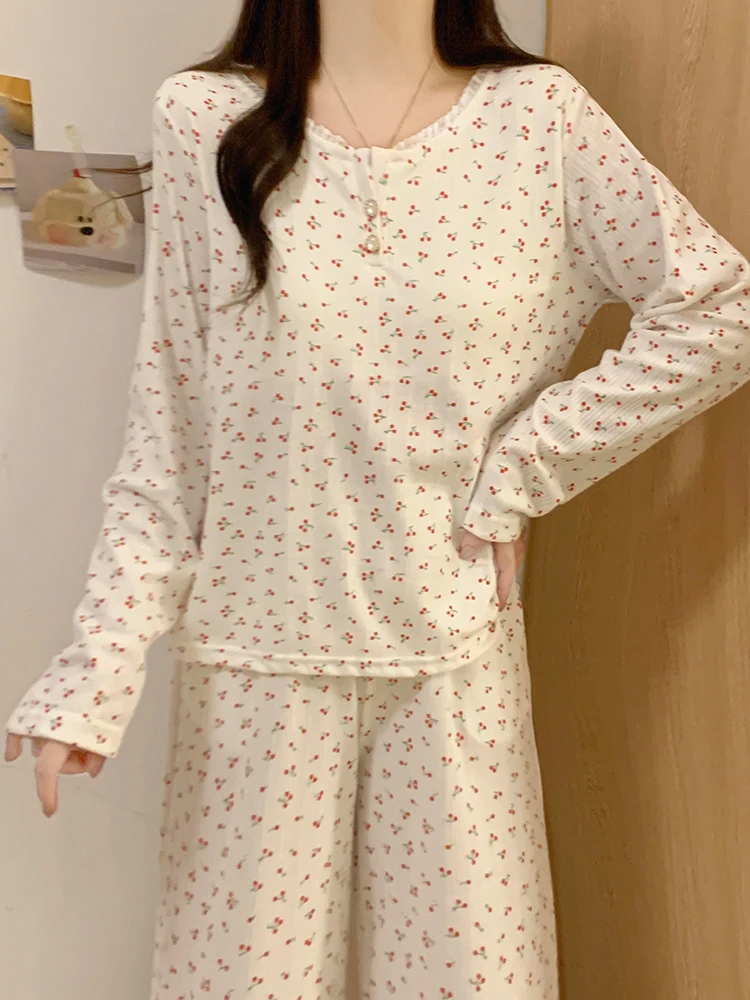 Women's Long Sleeve Sleepwear Spring Autumn Combed Cotton Cherry Sexy with Chest Pad Home Clothes Set Anti-Bulge Points