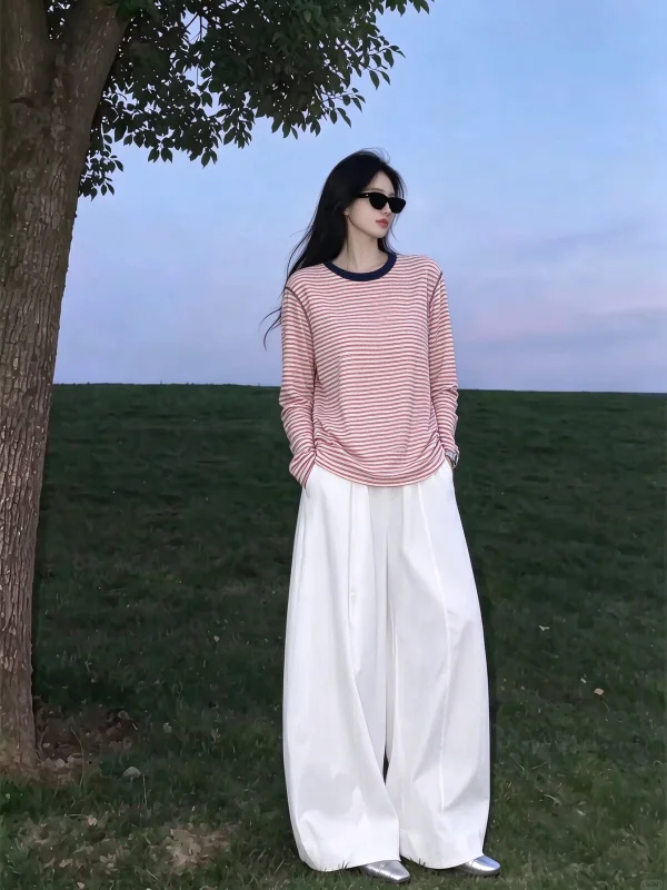 Red Striped Loose Long Sleeve T-Shirt Women's Early Autumn Light Maturity Unique Design Korean Style Casual Top