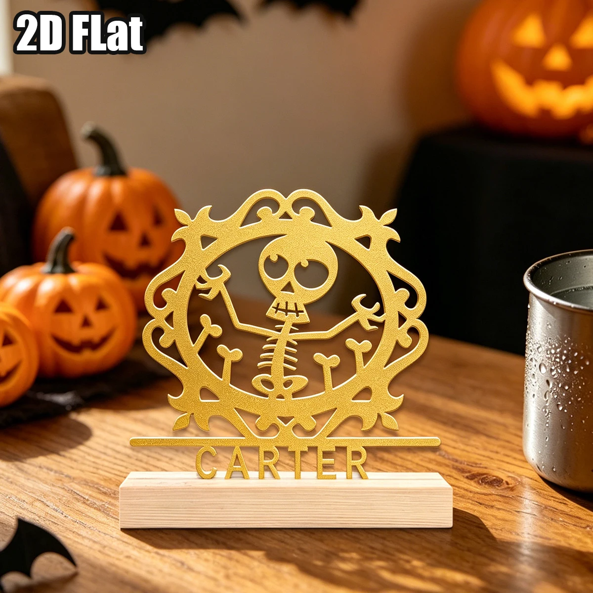 1Pc Custom Rustic skeleton Wooden Base Metal Ornament,Home Room Desktop Decor,Ideal Birthday Wedding Halloween Festive Gift