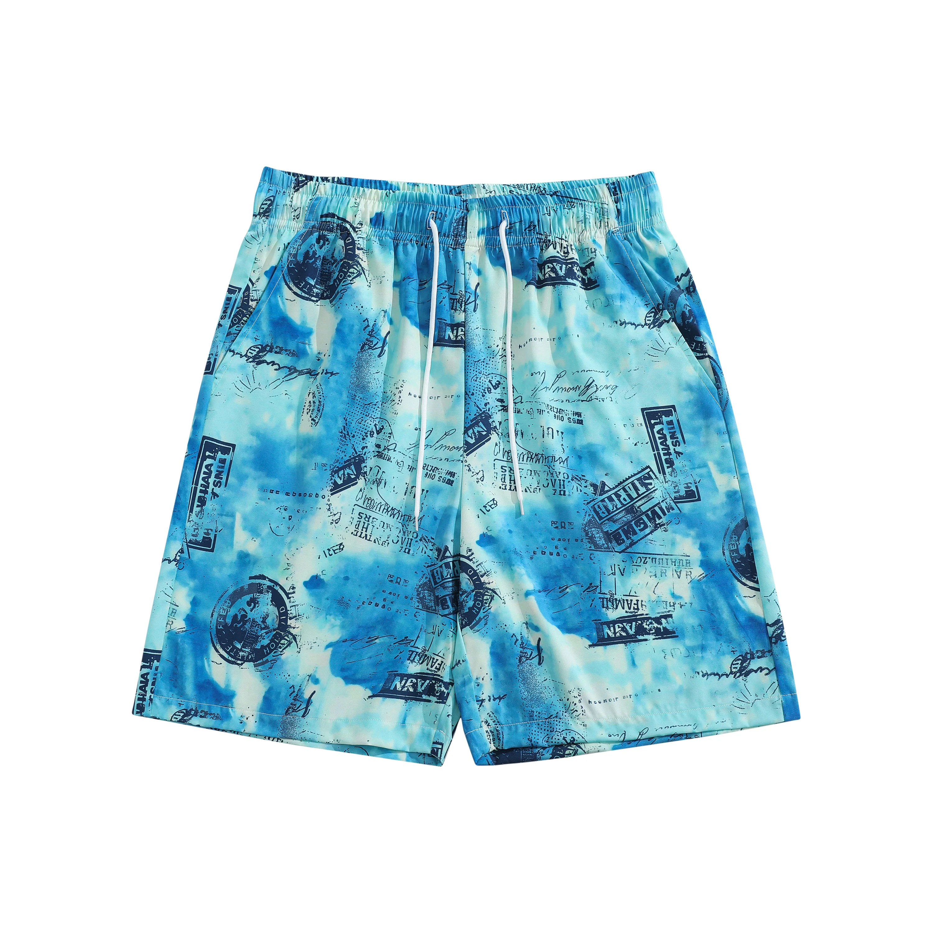 

Mens Casual Shorts Gradient Tie Dye with Retro Typography Print Blue White Color Elastic Drawstring Waist Loose Fit Summer Pants