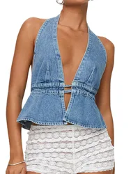 Jean Vests for Women Crop Denim Top Tie Back Halter Top Sexy Denim Tops Strapless Jean Corset Bustier Streetwear