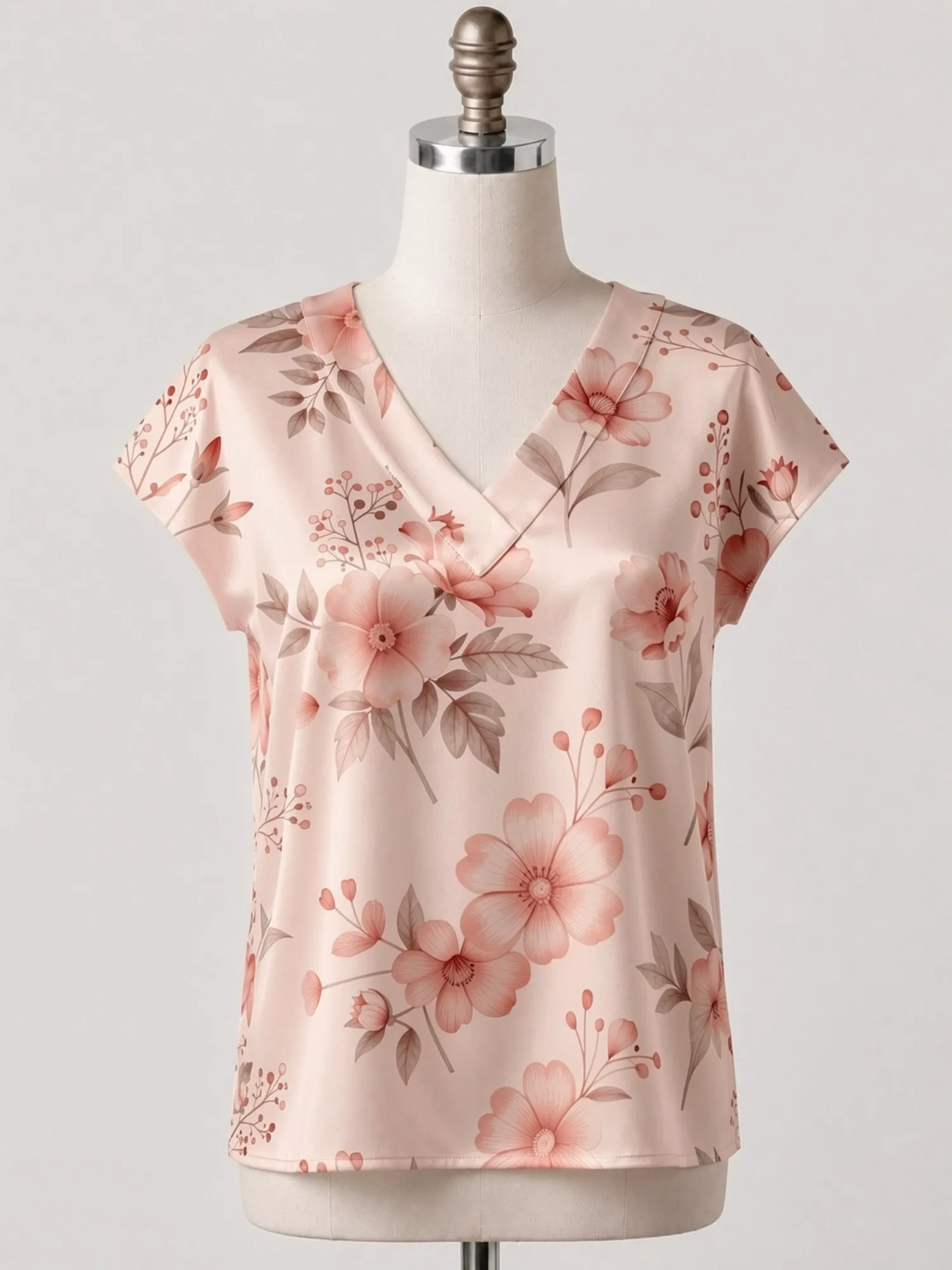 Floral Satin V Neck Top for Women Cap Sleeve Easy Draped Fit Silky Relaxed Beach Party Wear Lightweight Breathable Vacation Airy