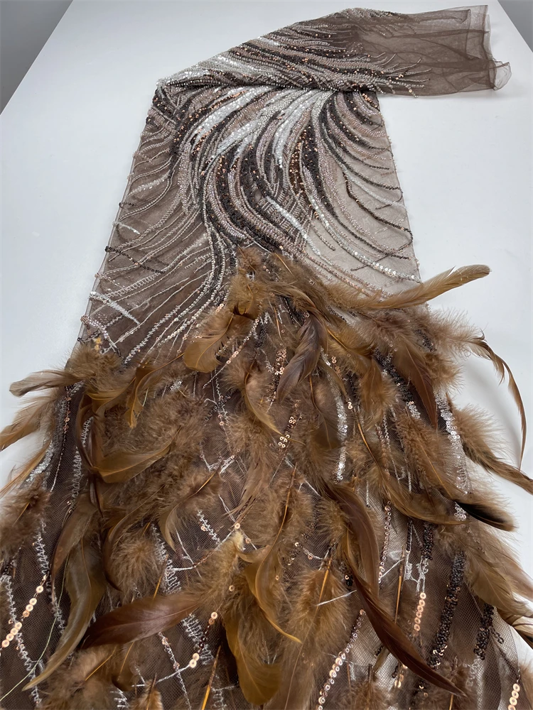 

High Quality African Lace Fabric Sequins Mesh Lace Luxury Beads 3D Feather Embroidered Tulle Lace Fabric For Sewing Accessories