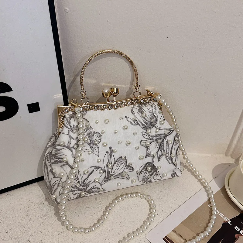 

Autumn Winter Vintge Dinner Evening Bags Simple Black Gray Pearl Seashell Clutch Chain Shoulder Bag Crossbody For Women Handbag