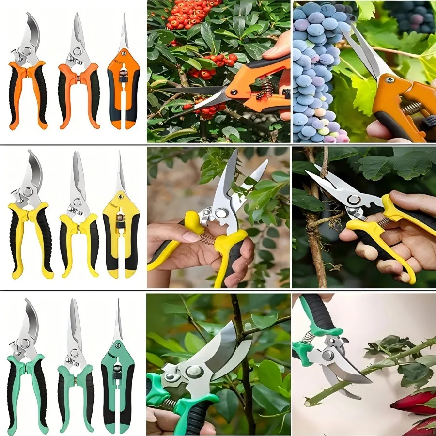 Tesouras de poda de jardim de jardinagem de 3 peças - ferramentas multifuncionais de jardinagem e cuidados com galhos, poda de árvores, tesouras para colheita de frutas,