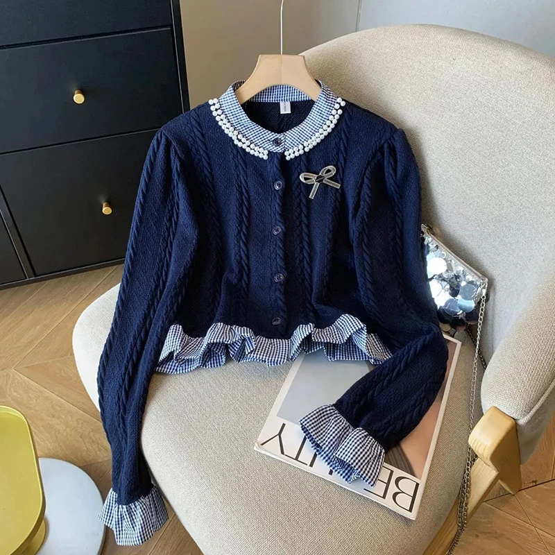 Модный лоскутный женский кардиган с милым бантом, однобортный вязаный укороченный свитер Y2K, вязаные джемперы с оборками и длинными рукавами
