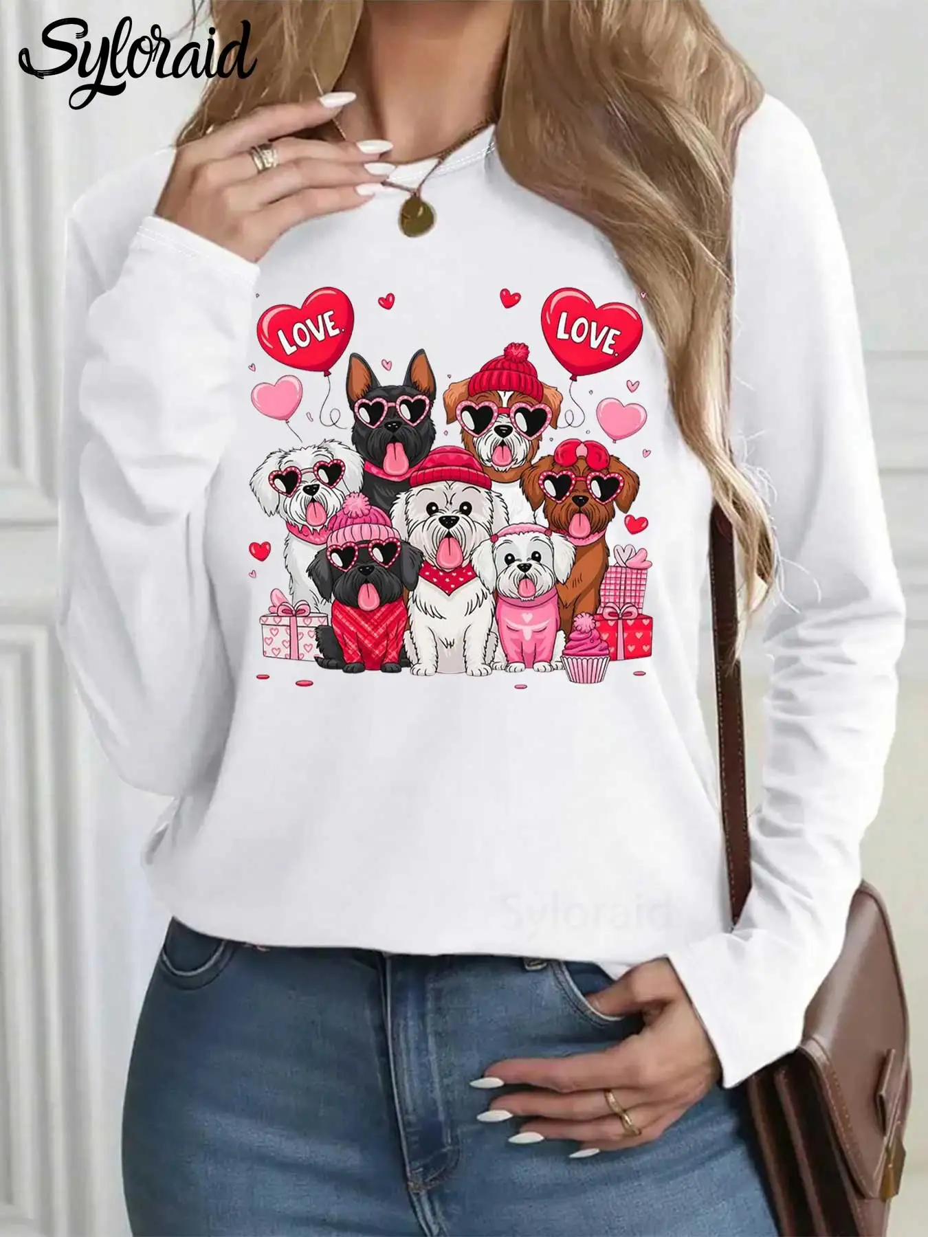 

Women's Long Sleeve T Shirt Valentine's Day Love Dogs Print T Shirt Fashion Round Neck Casual Top