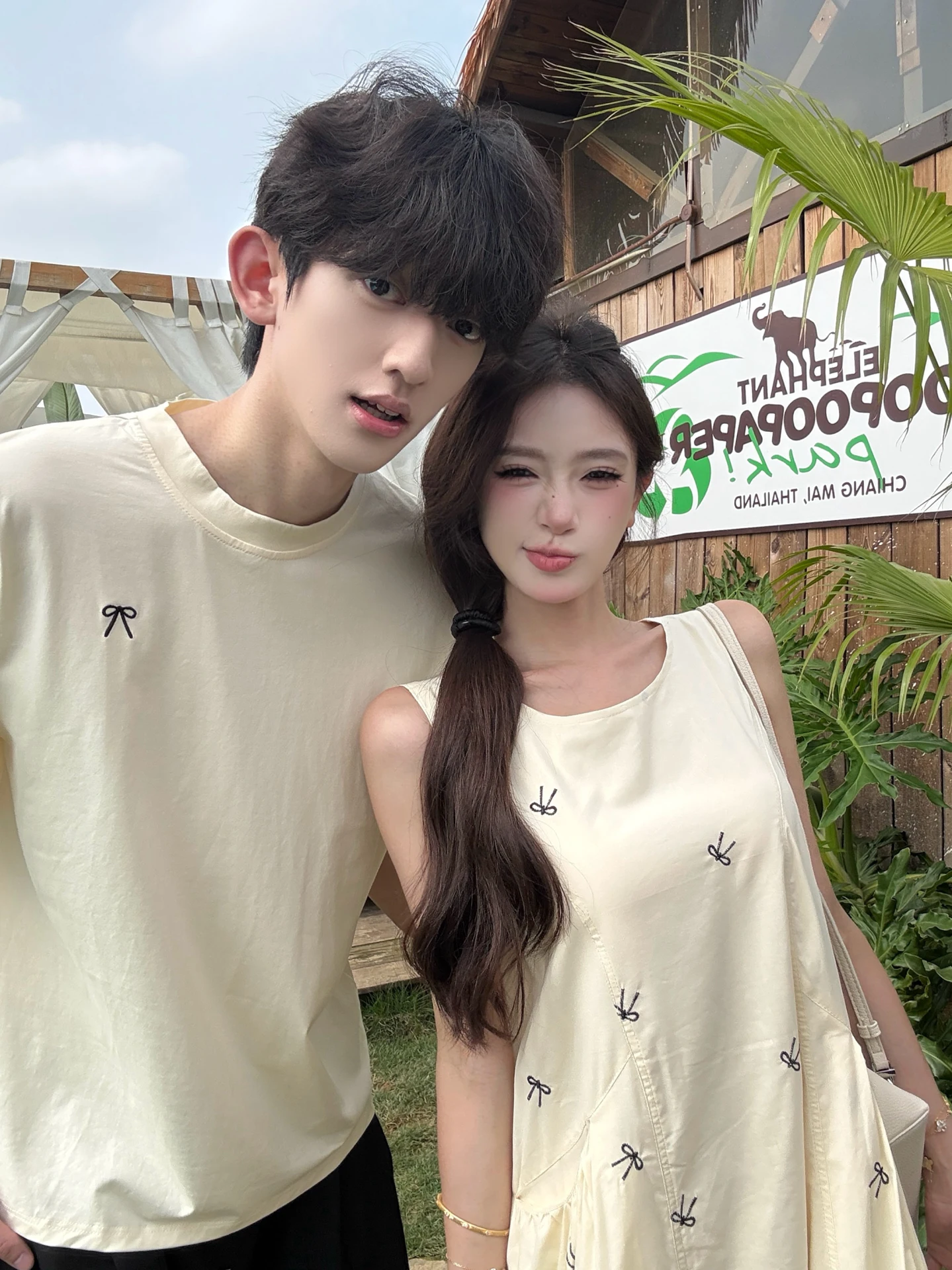 Embroidered  Knot T-Shirt Couple Matching Short Sleeve Beautiful Long Dress Vest Dress One Skirt One Dress French Style