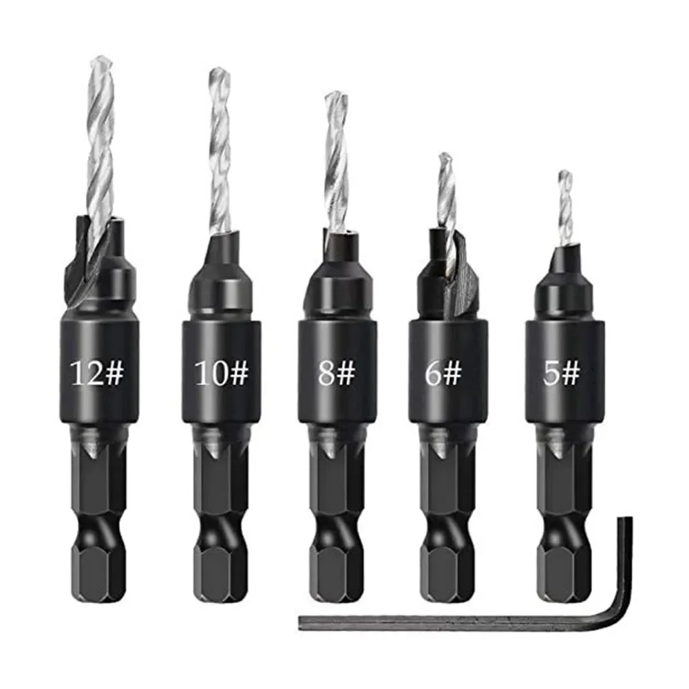 

5pcs Hex Shank Countersunk Drill Bit Woodworking Limiter Hole Opener Woodworking Tool Router Bit Drilling Tool Step Drill