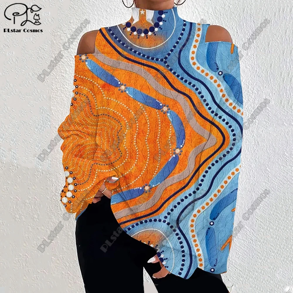 

3D Printing Retro Aboriginal Series Tribal Turtle Art Pattern Women's Lantern Sleeve Off Shoulder Textured Casual Long Sleeve F3